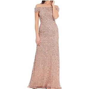 Adrianna Papell Platinum Sequin Off Shoulder Formal Evening Gown Rose Gold Siz 4